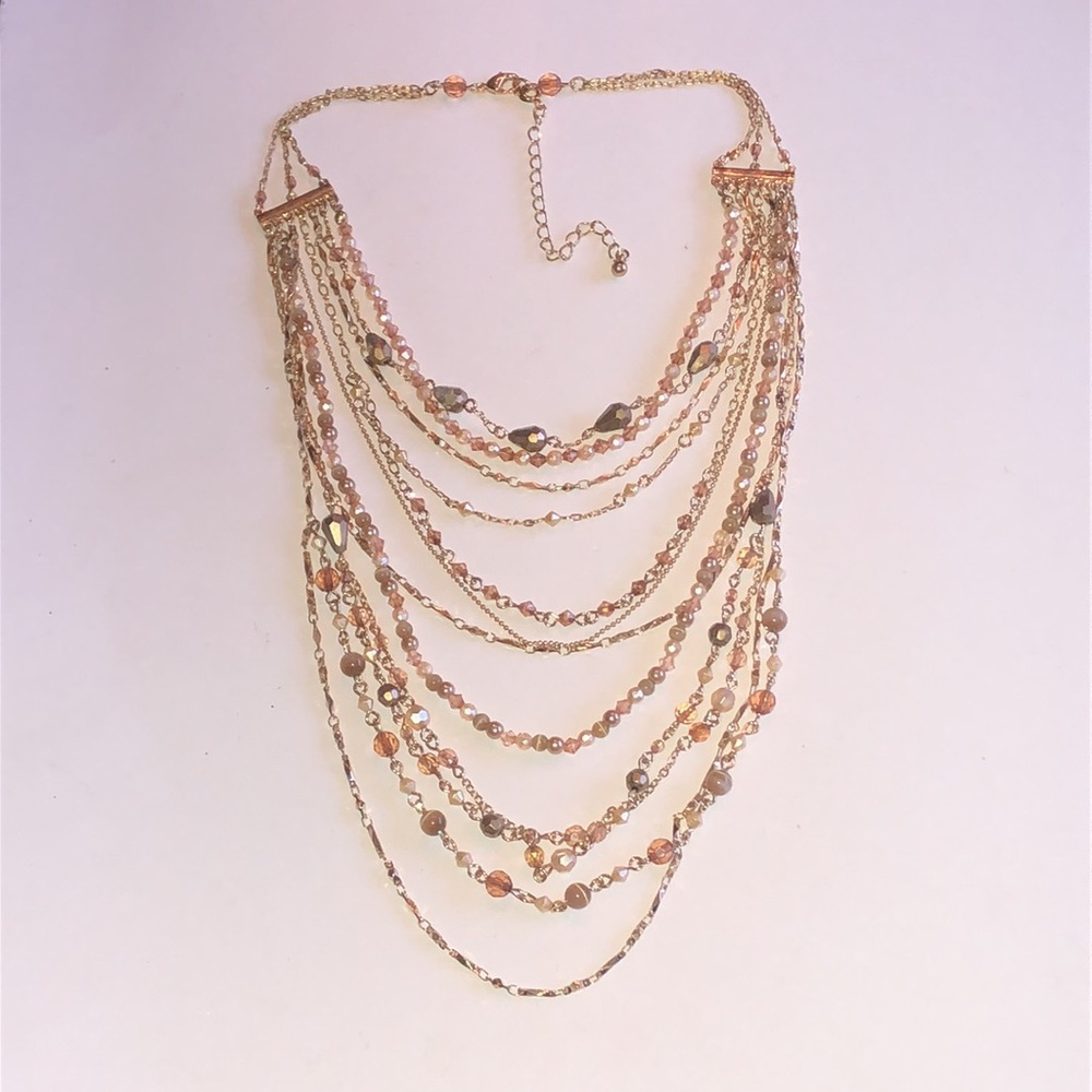 Gold Tone Multistrand Beaded Boho Statement Necklace